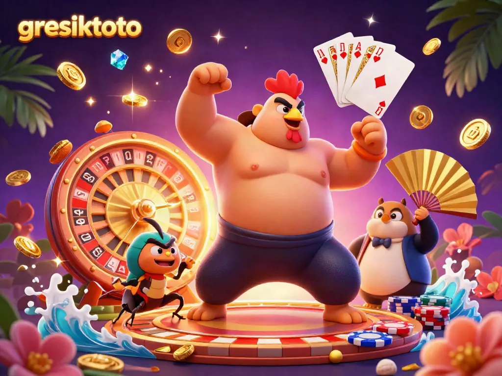 Experience the dynamic festive atmosphere of gresiktoto with vibrant characters, casino elements, and golden treasures.