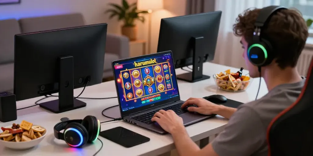 Pengguna aktif bermain harumslot di laptop dengan dekorasi gaming yang menarik.
