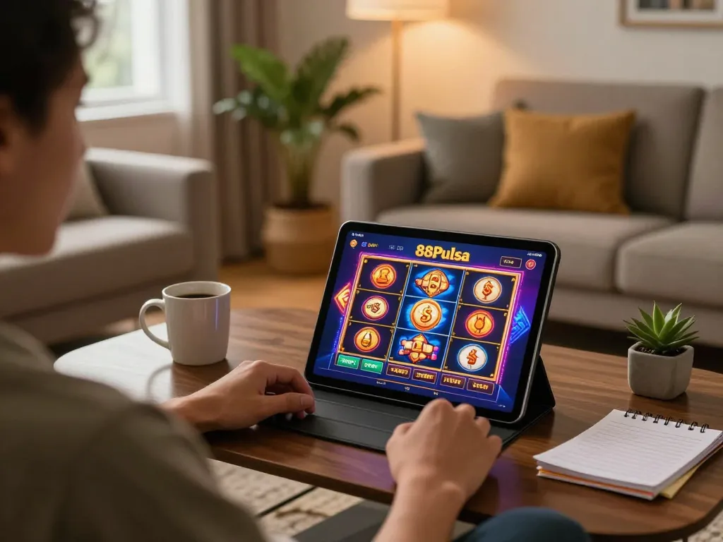 Pemain berinteraksi dengan permainan slot 88Pulsa di tablet dalam suasana ruang tamu yang nyaman.