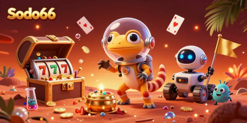 Sodo66 Martian gecko uncovers a golden casino on Mars, showing vibrant slot machines and treasures.