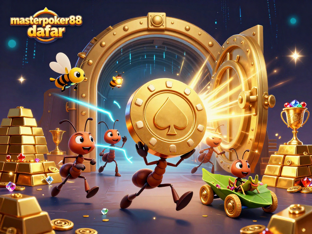 Masterpoker88 daftar dalam ilustrasi 3D, semut beraksi mencuri chip poker emas raksasa.
