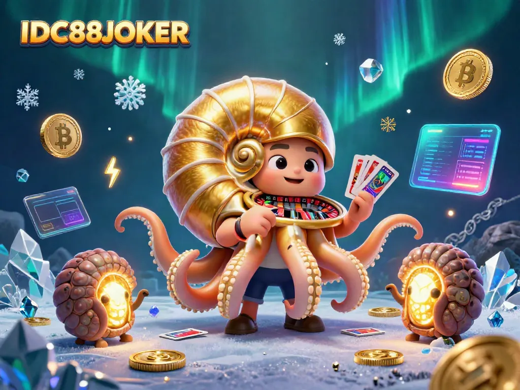 Play exciting games with IDC88JOKER, featuring an ancient nautilus as a roulette wheel surrounded by cryptocurrency symbols.