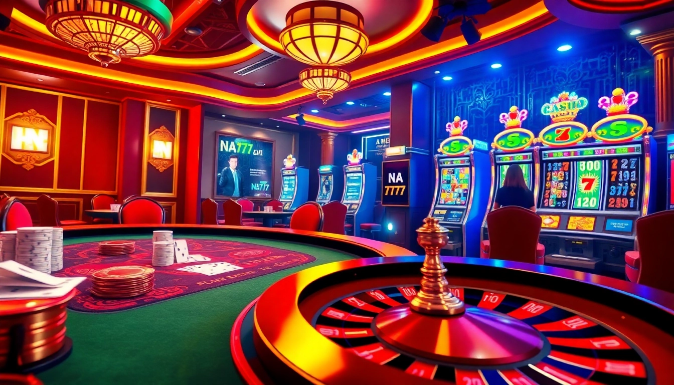 NA777 online gambling experience featuring professional dealer at roulette table and colorful slot machines.