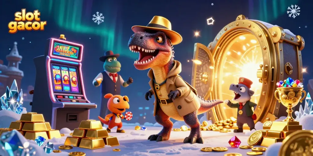 Engage with slot gacor excitement as a velociraptor card counter blends into the casino scene.