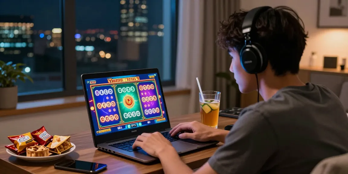 Seorang pemain menikmati yume toto di laptop dengan suasana santai dan penuh warna.
