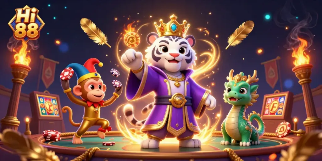 Engage with Hi 88's vibrant 3D casino scene featuring a royal tiger and playful elements.