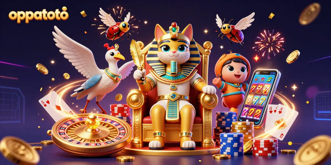 Engage with oppatoto in a vibrant casino-themed scene with an Egyptian pharaoh cat.
