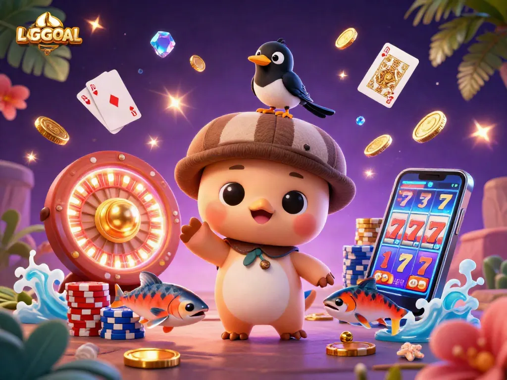 Experience winning excitement with LGOGOAL's charming 3D illustration of a playful Nessie and gold-obsessed magpie in a dynamic casino scene.