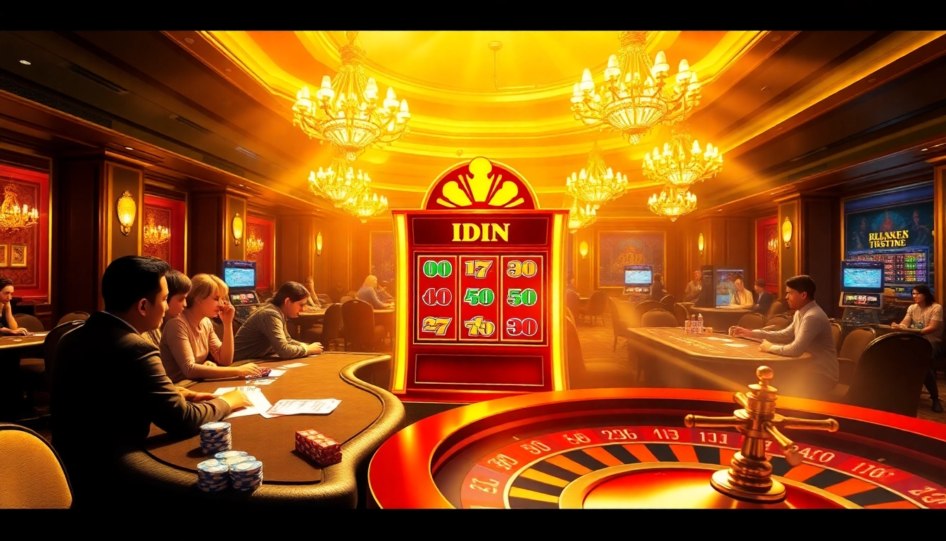 IDN slot machine surrounded by players and casino decor in a vibrant, exciting atmosphere.