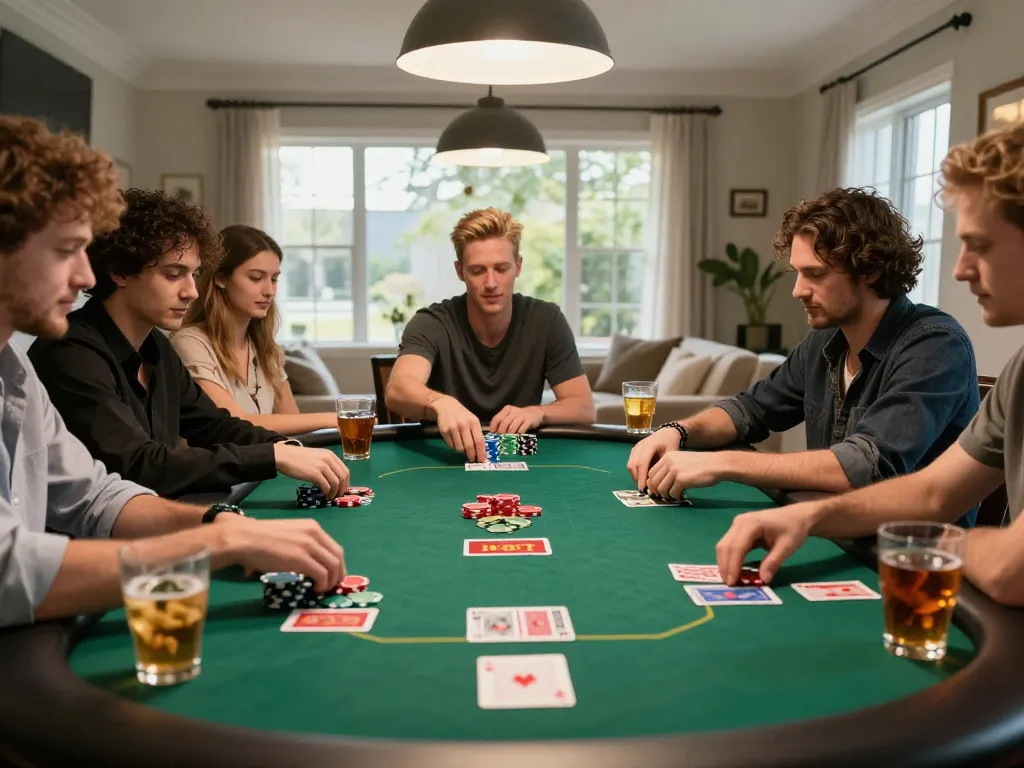 Engaging poker game in cozy setting where players analyze cards and strategies from https://www.gourmethouserestaurantri.com/menu