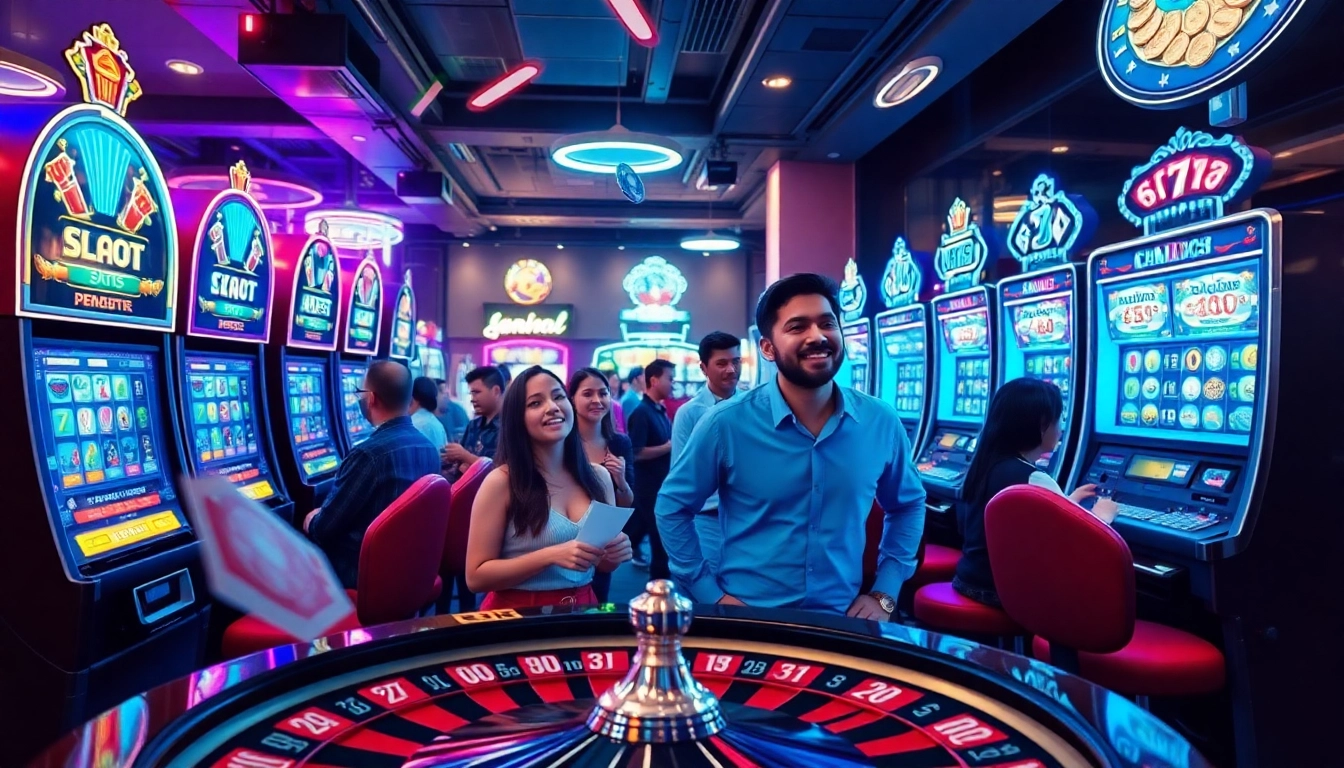 Engage in thrilling gameplay at slot deposit pulsa telkomsel with vibrant casino machines and excited players.