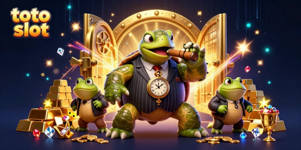 Experience thrilling gameplay with the vibrant turtle mobster and frog enforcers in a dazzling toto slot casino scene.