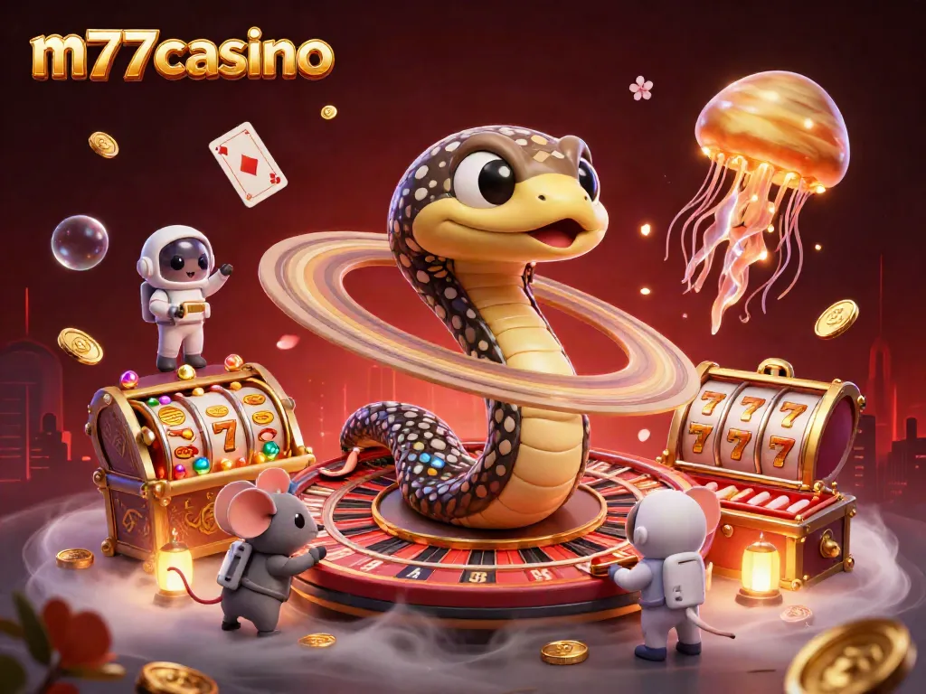 Gambarkan m77casino dengan ular Saturnus berputar sebagai roda roulette dan penjudi di luar angkasa.