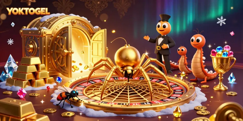 Engage in thrilling bets with YOKTOGEL, as a golden spider spins a roulette wheel web with sparkling treasures.