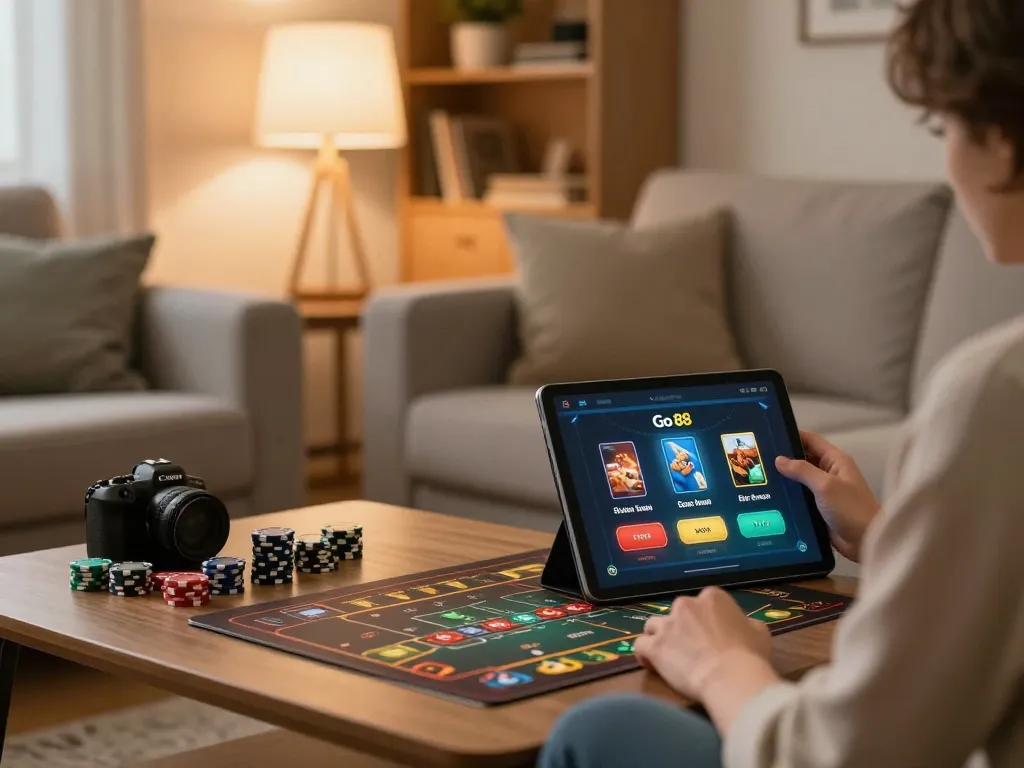 Người chơi tận hưởng ứng dụng Go 88 trên máy tính bảng trong phiên chơi game ấm cúng tại nhà