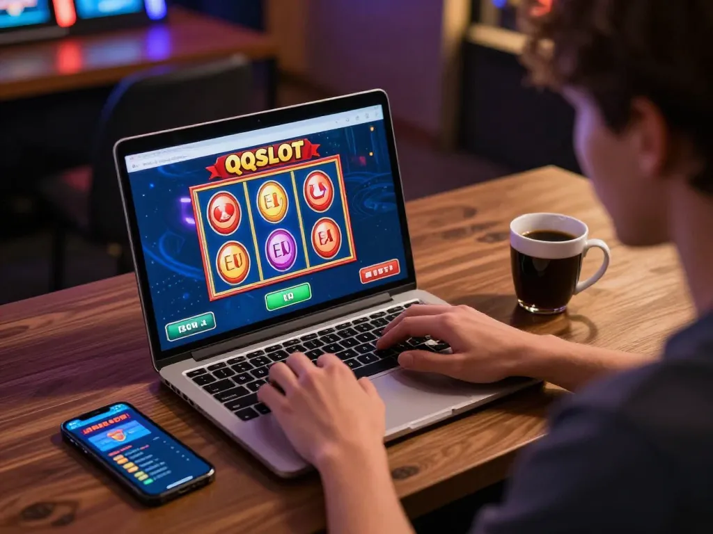 Pemain yang terlibat menikmati slot server Indonesia QQSLOT di laptop untuk pengalaman bermain game online yang mendebarkan