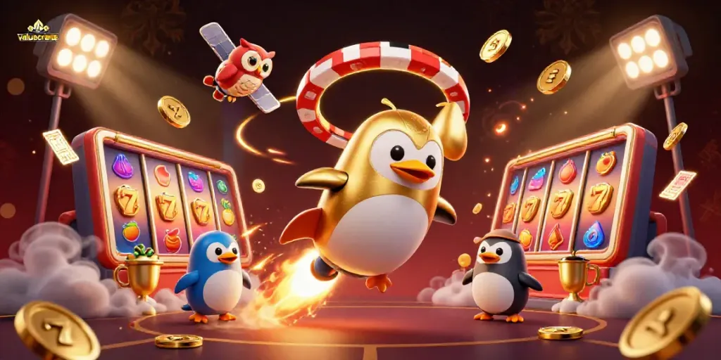 Menang dalam permainan slot menggunakan karakter valuecrane dalam ilustrasi kasino digital yang bernuansa cerah.