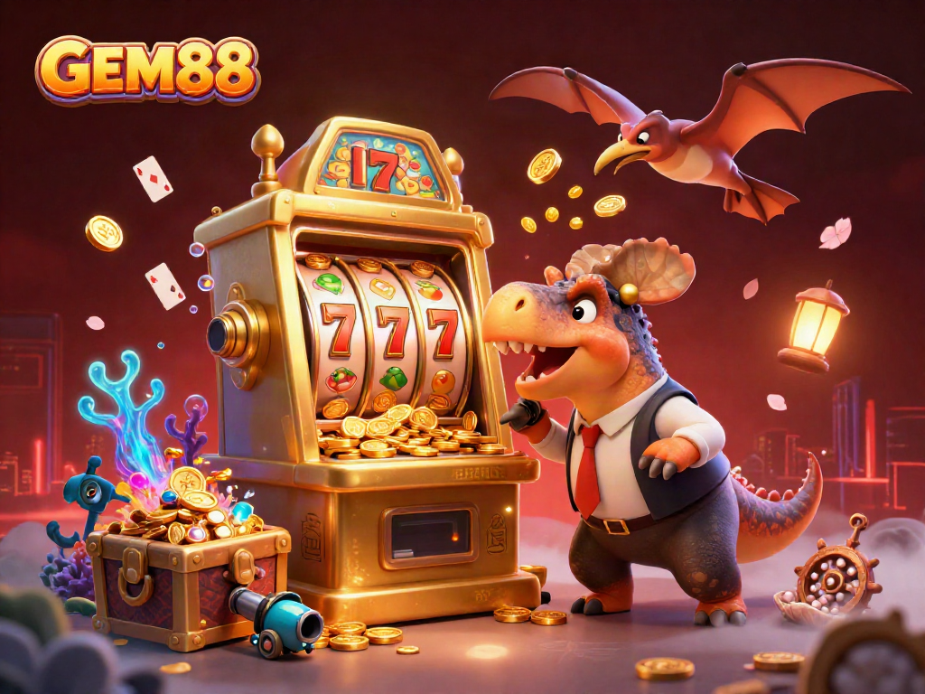 Catch jackpot coins with GEM88 in this vibrant casino scene featuring epic dinosaurs and gaming elements.