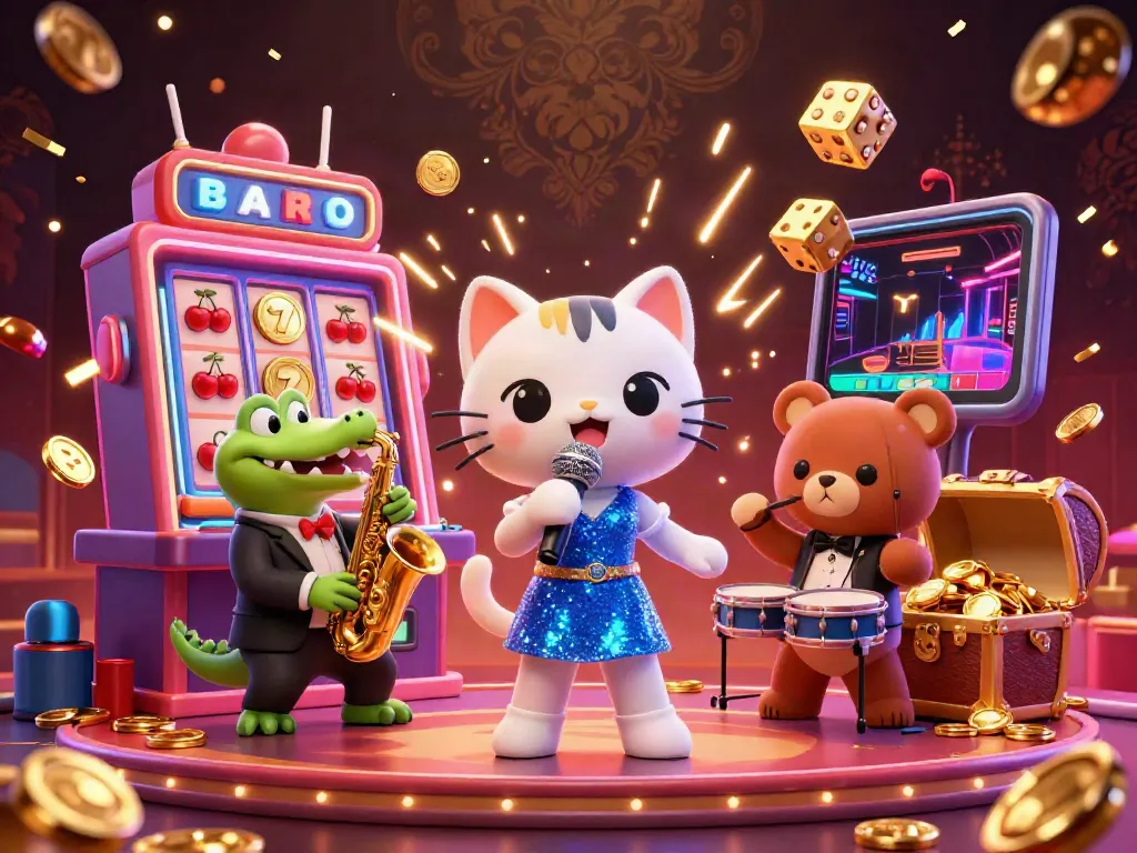 Engage with the vibrant casino atmosphere featuring V8WIN through a lively performance by jazz characters amidst stunning gaming elements.