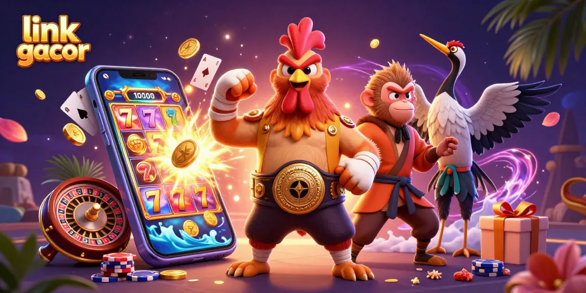 Play exciting games with link gacor featuring a cartoon rooster, monkey, and crane surrounded by colorful casino elements.