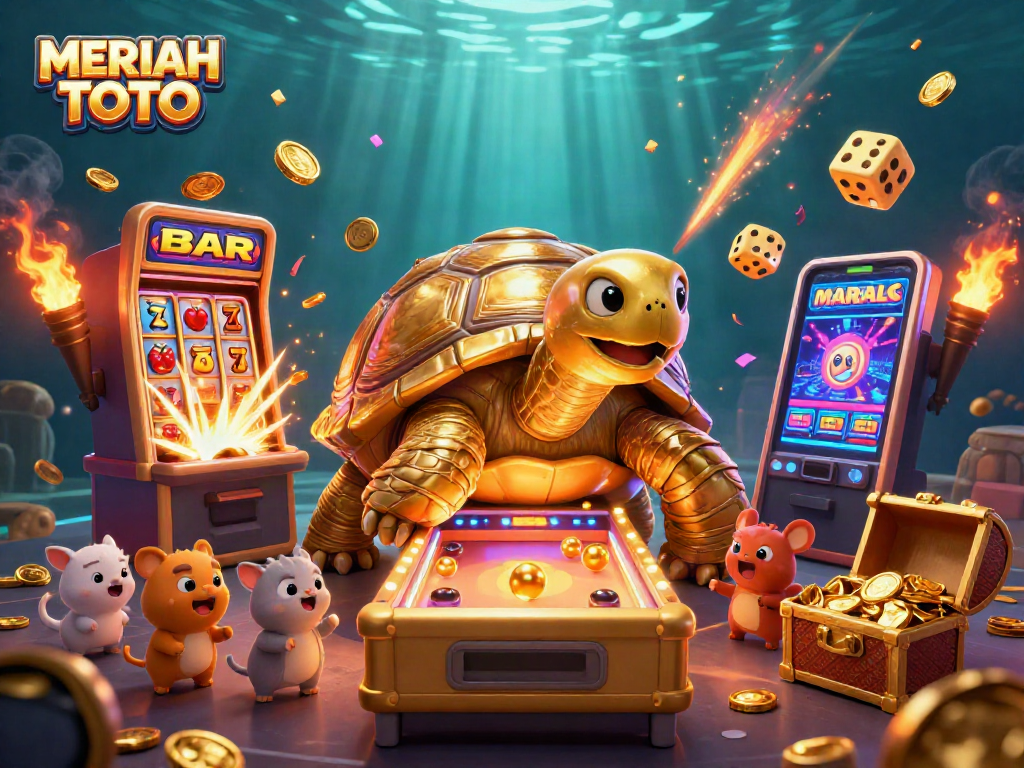 Permainan MERIAH TOTO dengan kura-kura emas raksasa dan mesin slot yang meledak dipenuhi koin.