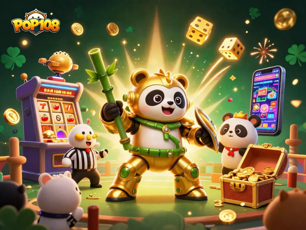 Gambarlah POP108 dengan panda emas berperang dalam robot kasino yang ramai, menciptakan kekayaan.