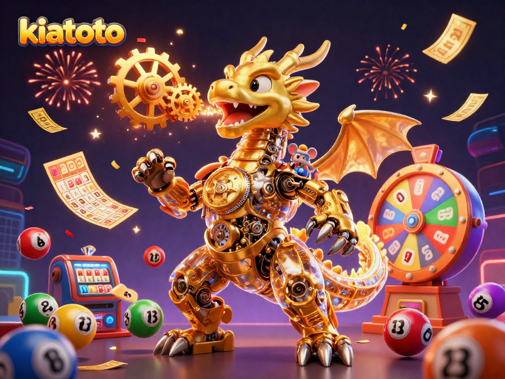 Experience the thrill of kiatoto with vibrant lottery elements and a dynamic golden dragon scene.