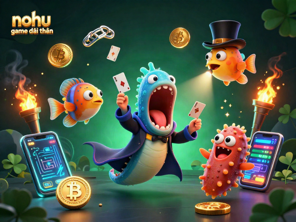 Nohu game đổi thưởng: A vibrant, dynamic casino scene featuring a magical deep-sea eel and crypto elements.
