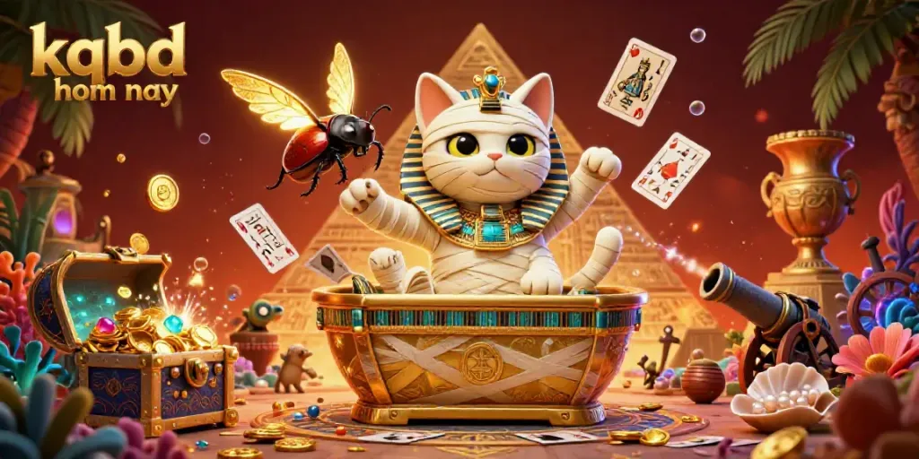 Engage with the vibrant kqbd hom nay scene where a mummy cat unleashes treasures in a colorful pyramid casino.
