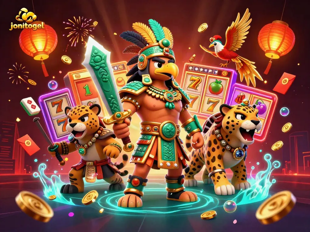 Experience thrilling victory with jonitogel as the Aztec warrior and companions chase the jackpot amidst vibrant casino elements.
