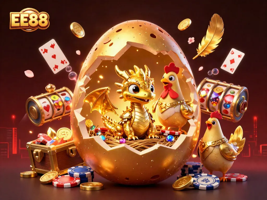 Engage with EE88's vibrant gambling scene featuring a golden dragon on poker chips amidst treasures.