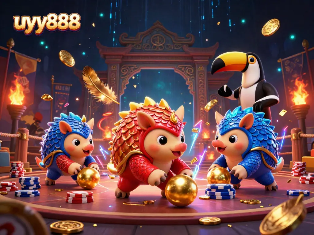 Engaging scene with uyy888 pangolins rolling golden balls through poker chips at an energetic casino