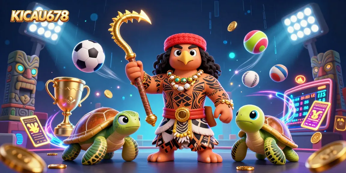 KICAU678 features an engaging artistic scene of a demigod hawk and turtle amidst vibrant sports elements.