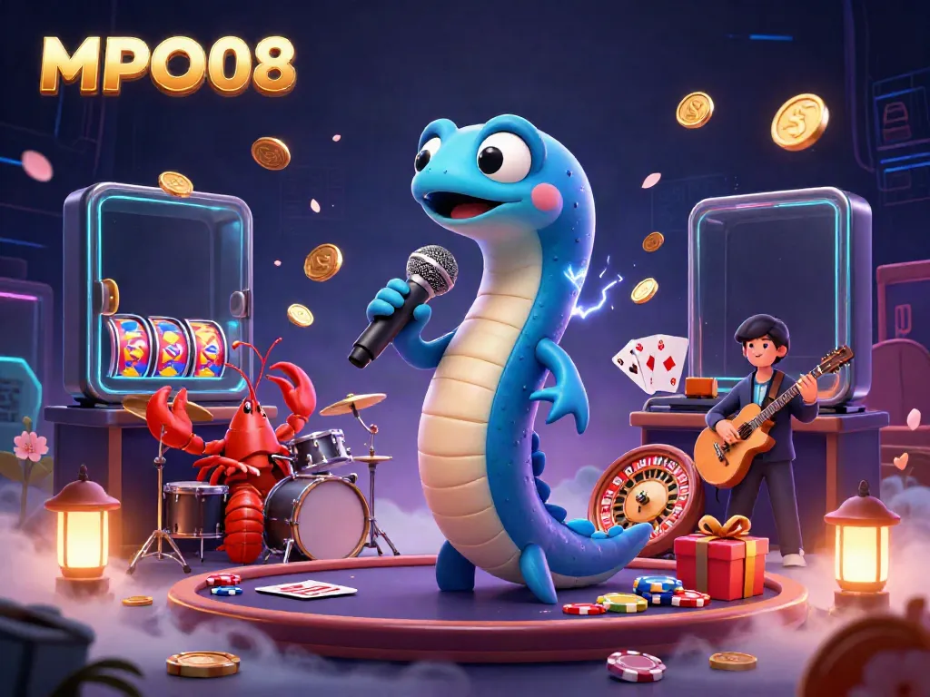 MPO08 showcases an electric eel DJ performing in an underwater casino, surrounded by game elements like slot reels and poker chips.