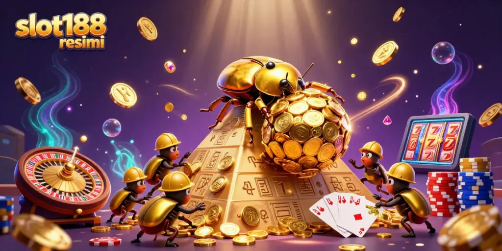 Slot188 resmi menawarkan pengalaman bermain menarik dengan simbol kasino berkilau dan koin emas melimpah.