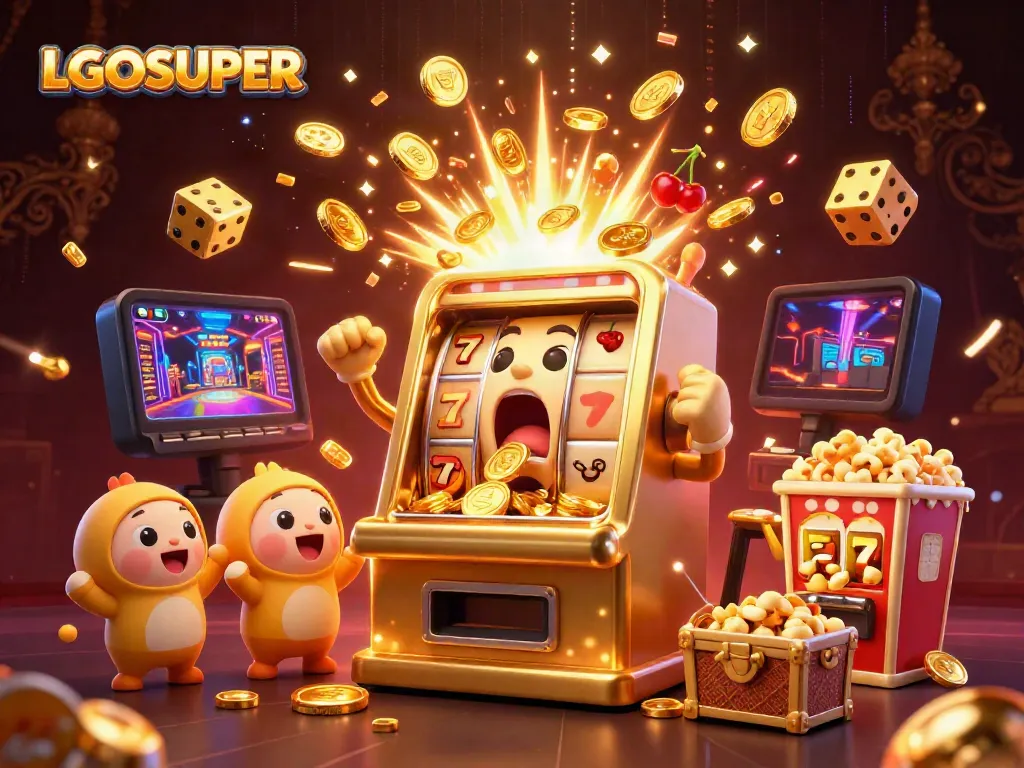 Experience LGOSUPER's thrilling jackpot explosion with a vibrant 3D illustration of a golden slot machine.
