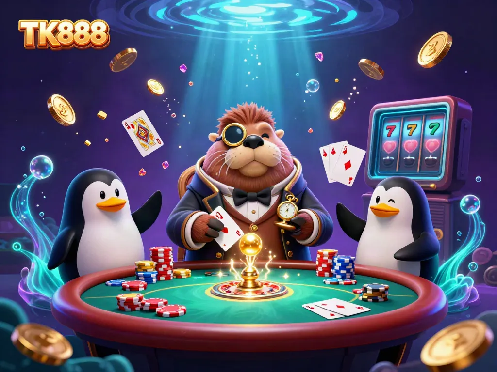 Experience the thrill of TK888 with a 3D cartoon walrus at an underwater poker table surrounded by dazzling casino elements.