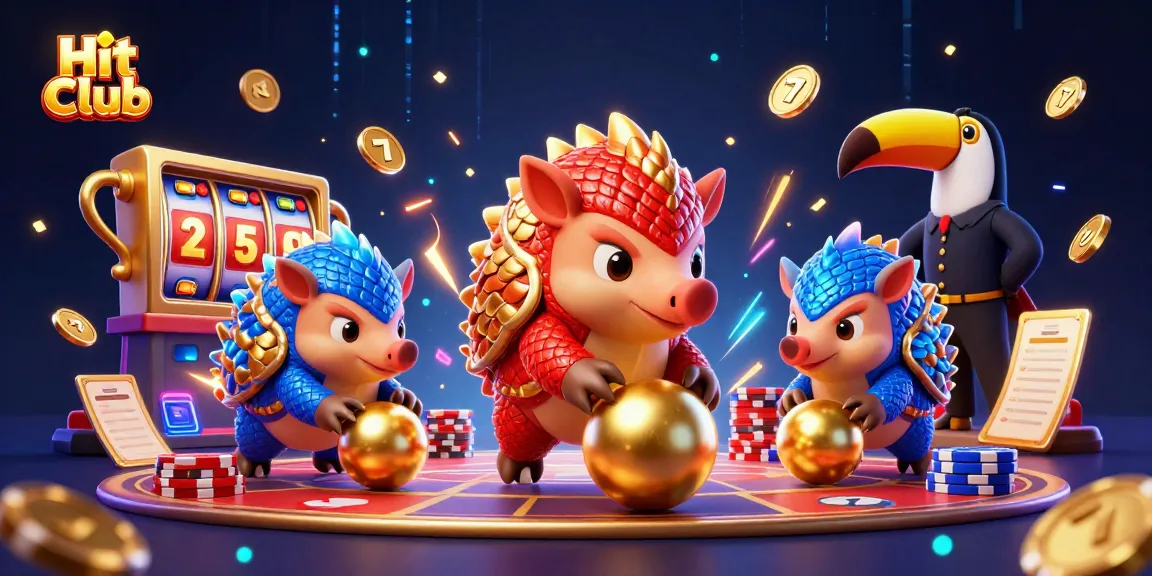 Join the excitement at Hit Club with rival pangolins bowling through poker chips in a vibrant casino scene!