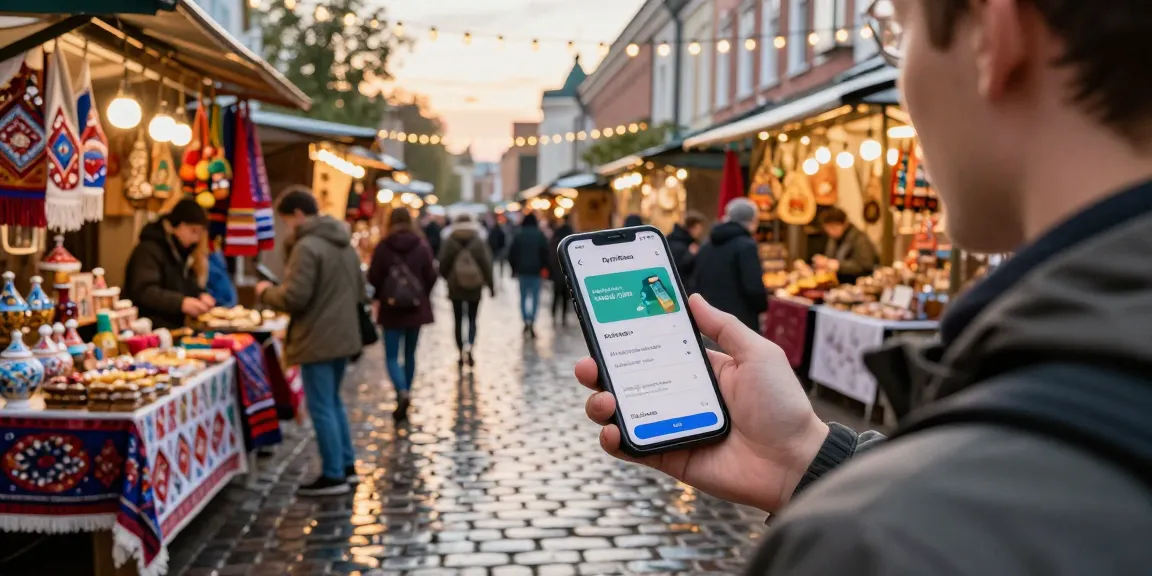 Momen pejalan kaki menggunakan aplikasi https://payinrussia.com/ di pasar Moskow yang cerah, dikelilingi kerajinan lokal.
