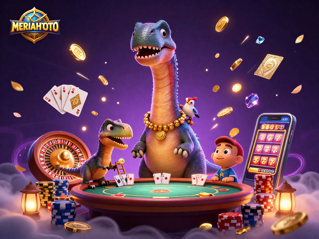 MERIAHTOTO menghadirkan dino bermain poker di kasino 3D dengan suasana gemerlap dan permainan.