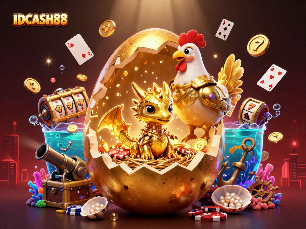 Engage in thrilling gameplay at IDCASH88 with a golden dragon and poker chips in a vibrant scene.