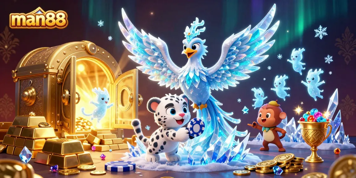 Immerse in man88's vibrant fantasy casino with exploring ice phoenix, snow leopard, and winning treasures.