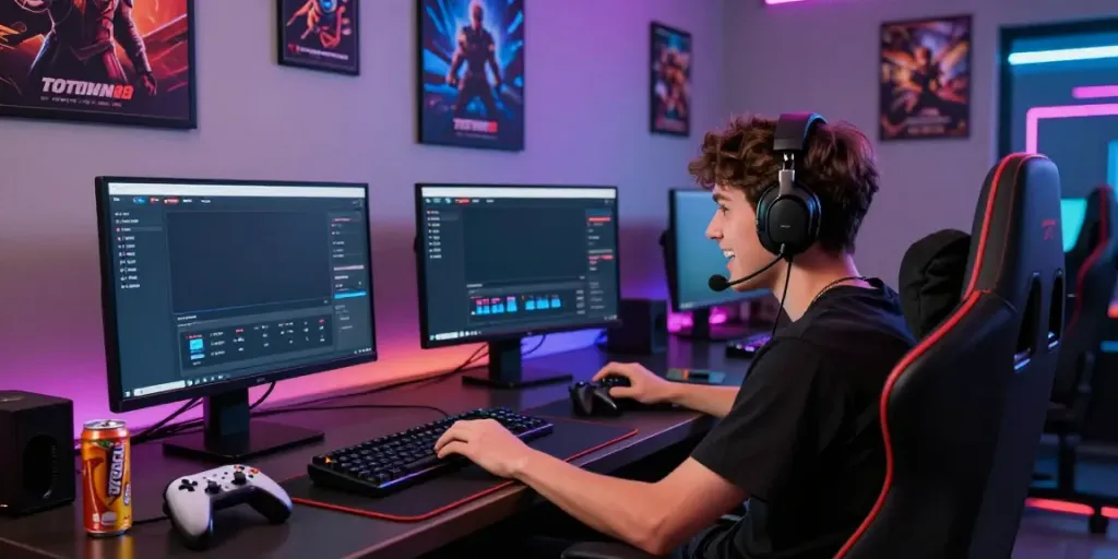 Gamer menikmati pengalaman TOTOWIN88 dengan fokus di layar monitor gaming.