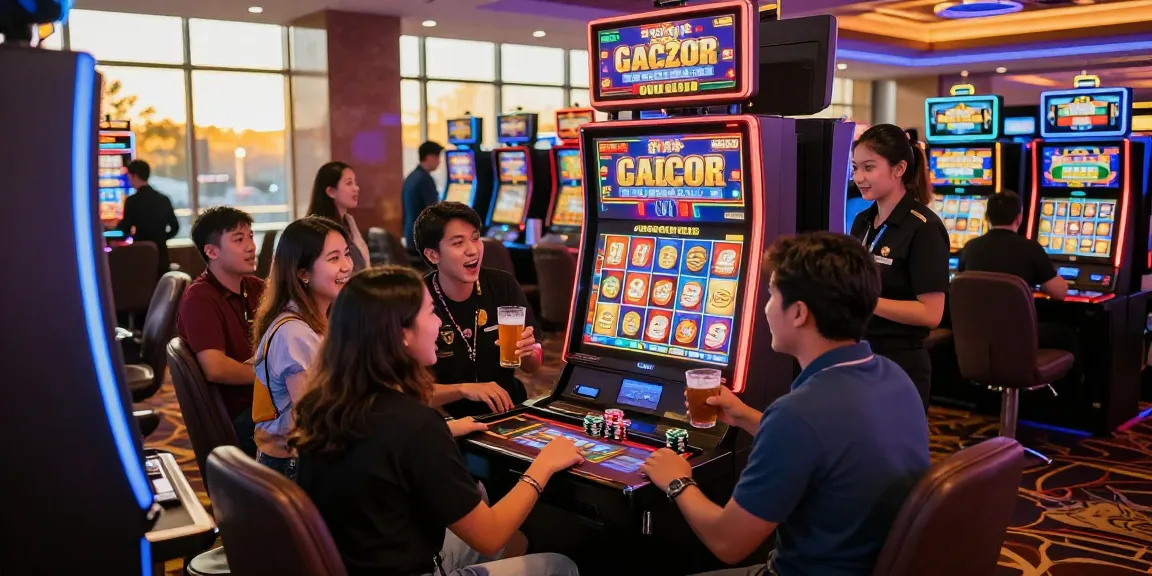 Excited group playing slot gacor machine in vibrant casino setting.