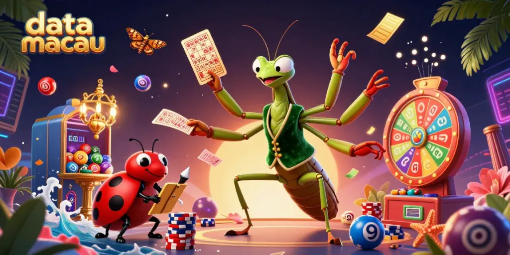 Engage with data macau in a rich, vibrant casino scene featuring a giant praying mantis and a ladybug pit boss.
