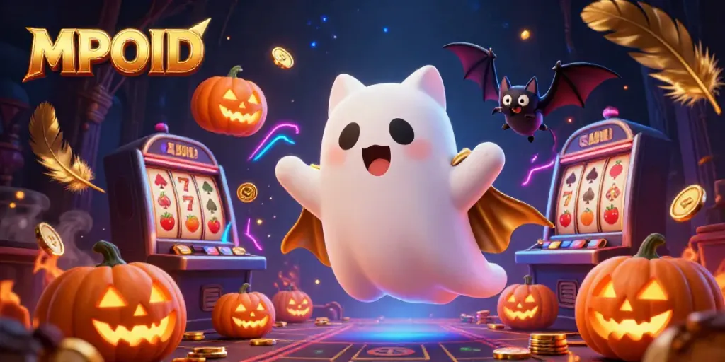 Engage with MPOID's fun ghost cat and vampire bat in a vibrant haunted casino scene.