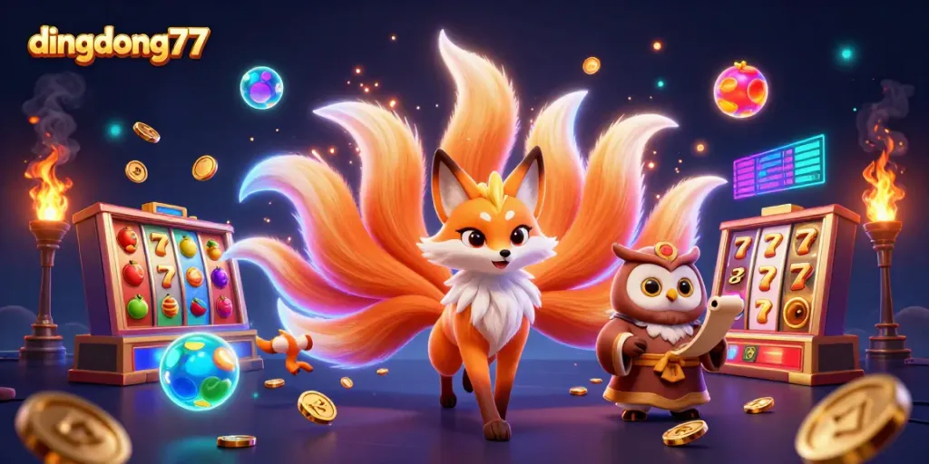 Dingdong77 magical experience showcasing a nine-tailed fox spirit amidst spinning slots, jackpot elements, and glowing coins.