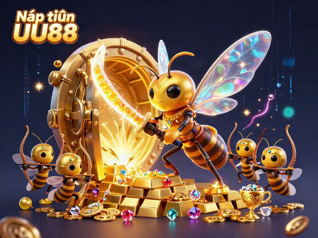 Nạp tiền UU88 illustrated with a giant hornet in samurai armor and golden treasures, promoting quick casino deposits.