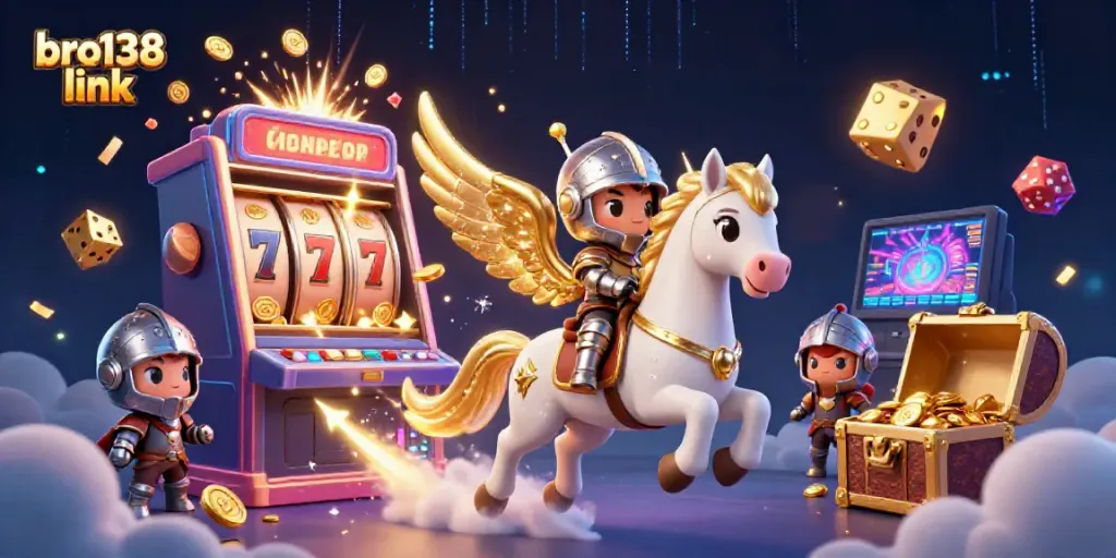 Experience the excitement of the bro138 link with a whimsical 3D illustration featuring a celestial theme, jackpots, and casino elements.