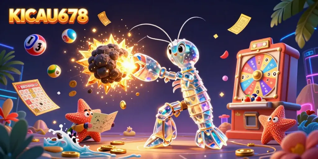 KICAU678 gaming scene featuring a galactic samurai shrimp smashing an asteroid, surrounded by gold coins and lottery elements.